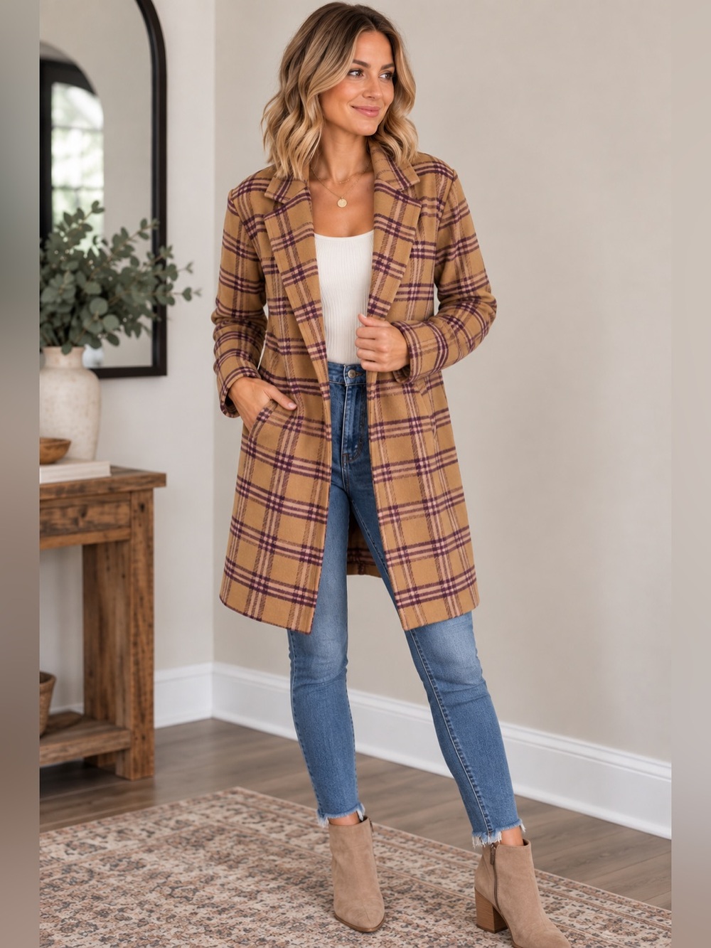 HAVE Plaid Longline Coat Jacket Size Large Tan Mauve Purple Fall Shacket
